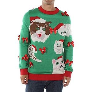 Tipsy Elves Christmas Crazy Cats in Hats Bells Red Green Unisex Ugly Sweater XL